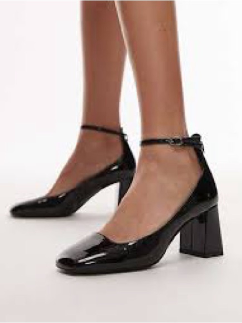 Mango Black Patent Leather Effect Ankle Strap Block Heel Shoes Mary Janes